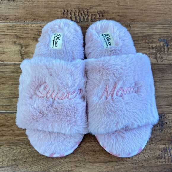 Dearfoams dluxe super mom faux fur plush slide slippers blush pink size 7-8 NWOT - Picture 2 of 10